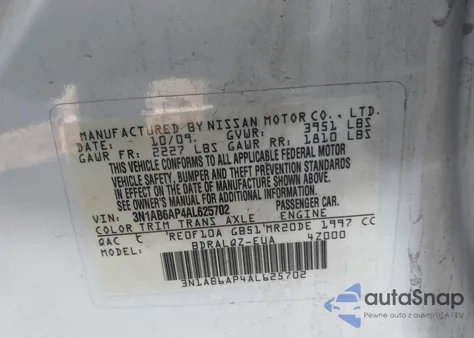 2010 Nissan Sentra 2.0 z USA, uszkodzony, nr VIN 3N1AB6AP4AL625702